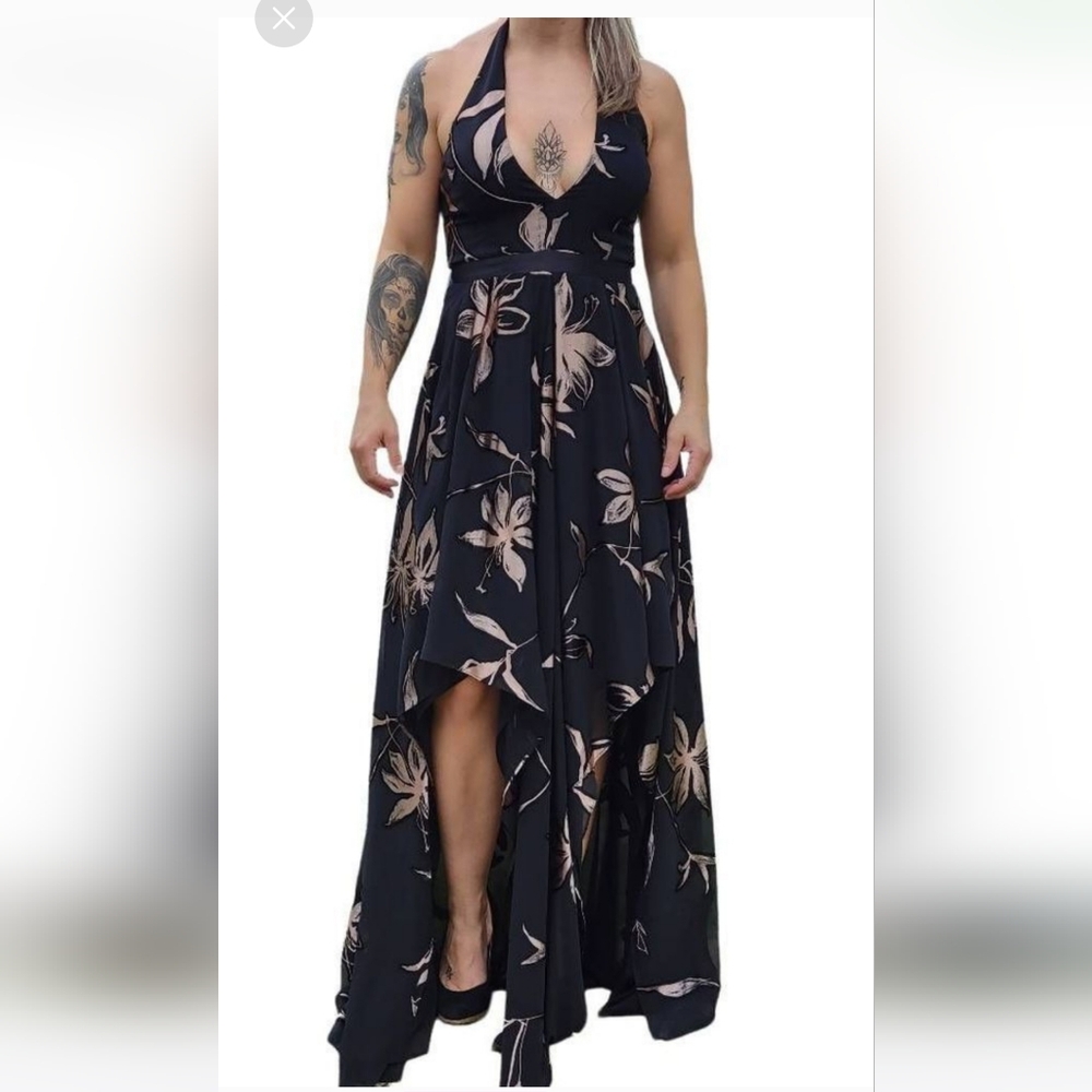 Halston Heritage Black Floral High Low Maxi Dress